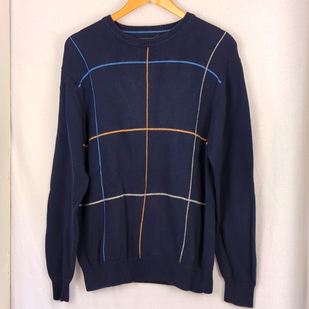 SADLEBRED Men's Blue Grid Pattern Knit Crewneck Sweater